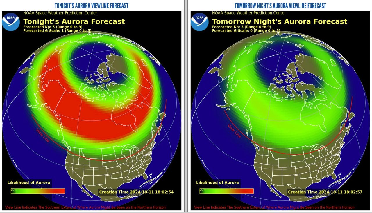 These maps show where the aurora borealis might be visible in North America on Friday and Saturday.