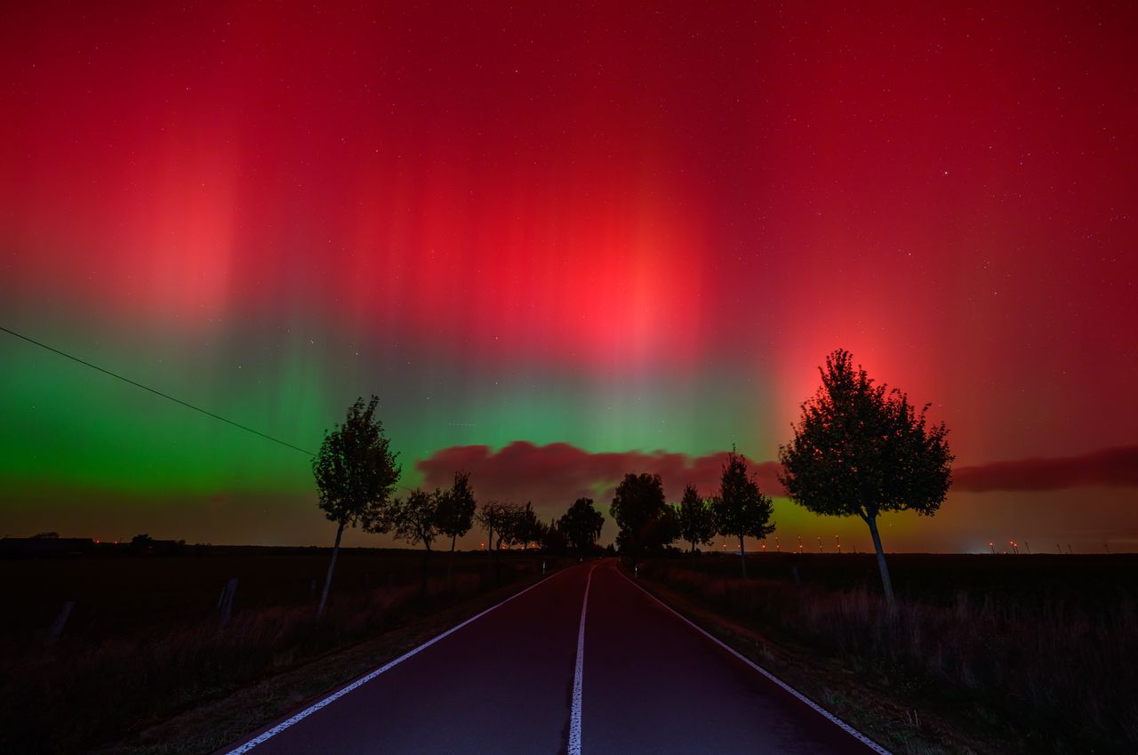 The northern lights are seen over Brandenburg, Germany.