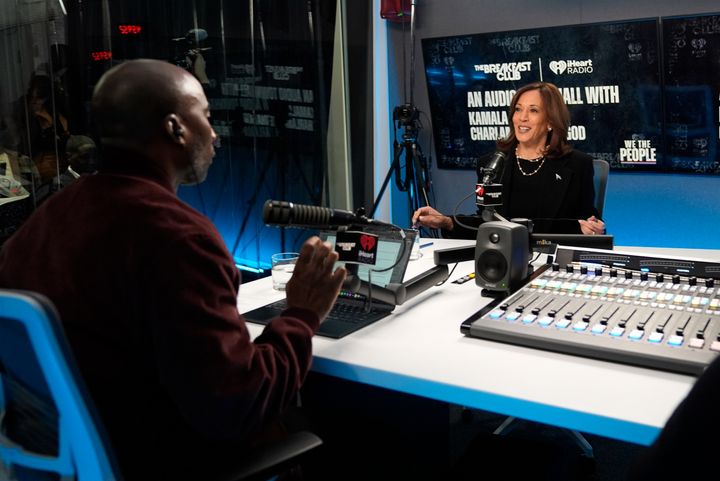 Vice President Kamala Harris, the Democratic presidential nominee, appears for an interview Tuesday with Charlamagne Tha God, co-host of "The Breakfast Club" radio show, in Detroit.